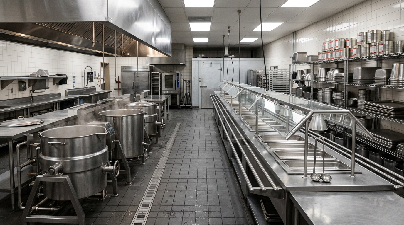 Cuisine collective de cantine avec postes d'appâtage sécurisés pour la dératisation à Saint-Priest